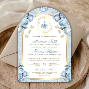 Invitation Mariage Musulman à l'Arche Dorée Fleurie Bleue Dou
