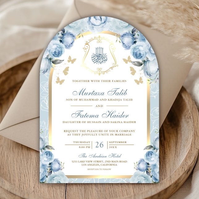 Invitation Mariage Musulman à l'Arche Dorée Fleurie Bleue Dou (Créateur téléchargé)