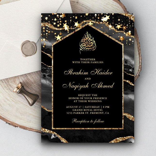 Invitation Mariage Musulman à Marble Arch Black Gold Agate (Créateur téléchargé)
