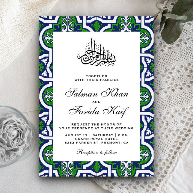 Invitation Mariage Musulman Arabesque Islamique Bleu et Vert (Créateur téléchargé)