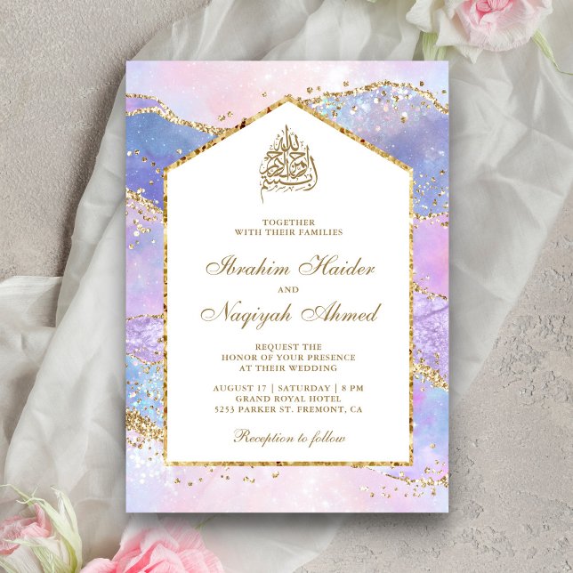 Invitation Mariage Musulman Arc de Marbre Lavande Pastel Or (Créateur téléchargé)
