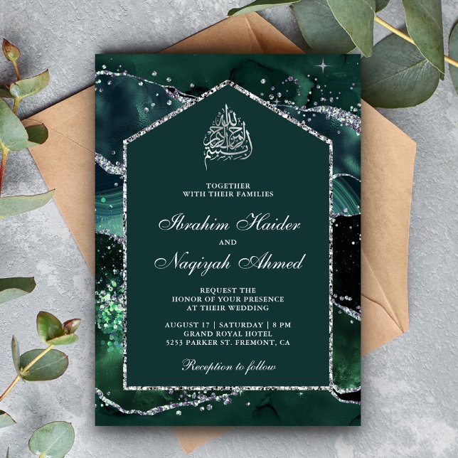 Invitation Mariage Musulman Arc de Marbre Vert Émeraude Argen (Créateur téléchargé)