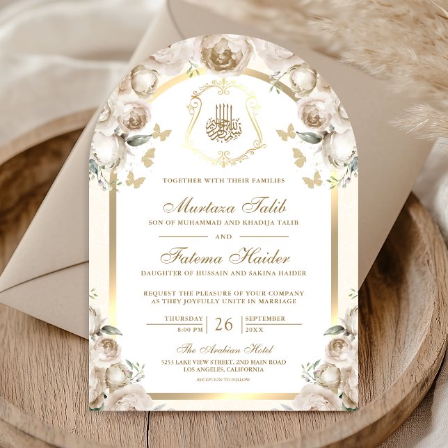 Invitation Mariage Musulman Arc Doré Fleurs Crème d'Ivoire (Créateur téléchargé)