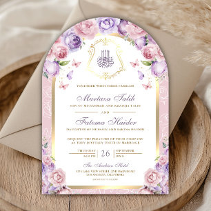Invitation Mariage Musulman Arc Doré Floral Rose Lavande