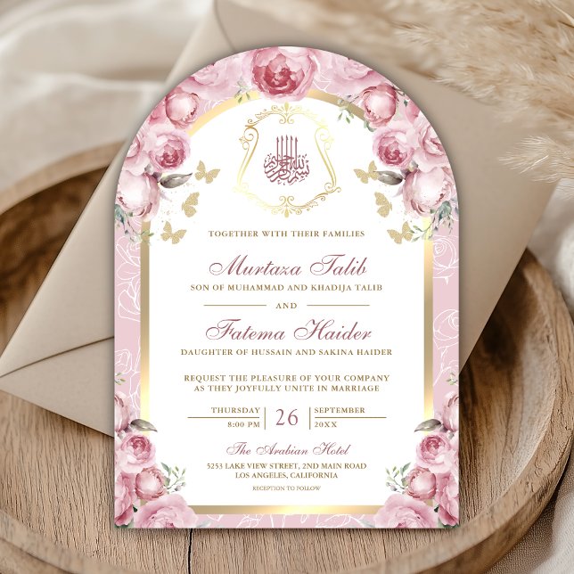 Invitation Mariage Musulman Arche Dorée Fleurie Rose Blush (Créateur téléchargé)