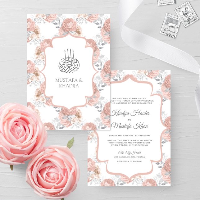 Invitation Mariage Musulman aux Roses Argent Rustique et Rose (Créateur téléchargé)