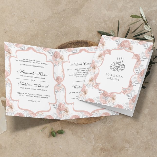 Invitation Mariage Musulman aux Roses Argent Rustique et Rose (Créateur téléchargé)