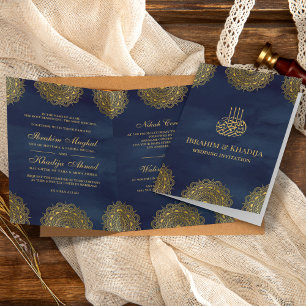 Invitation Mariage Musulman avec Motif Asiatique Or et Bleu M