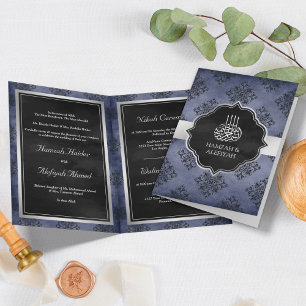 Invitation Mariage Musulman Bleu Nuit Argent Noir Damassé