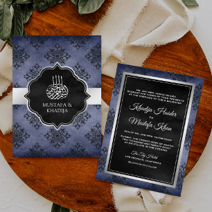 Invitation Mariage Musulman Bleu Nuit Argent Noir Damassé