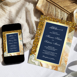 Invitation Mariage Musulman Bleu Nuit Marbre Marron Paillette