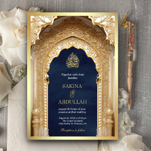 Invitation Mariage Musulman Bleu Nuit Or Arches Islamiques Ro