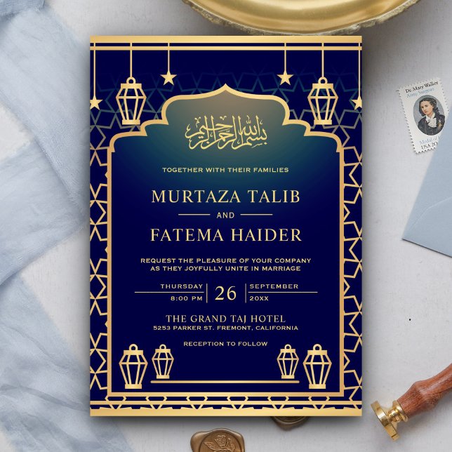 Invitation Mariage musulman Blue Gold Arche et Lanternes Isla (Créateur téléchargé)