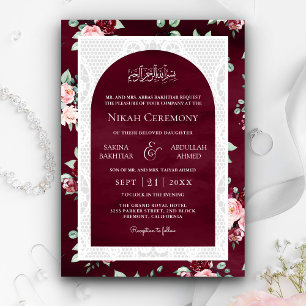 Invitation Mariage Musulman Broderie Florale Rouge Bourguigno