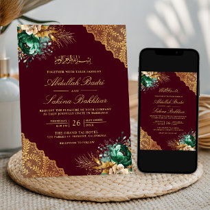 Invitation Mariage Musulman Burgundy Broderie Florale Émeraud