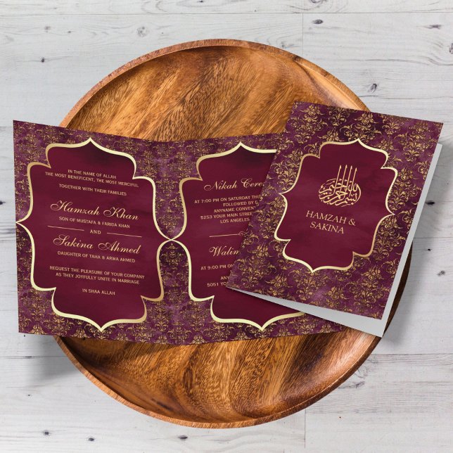 Invitation Mariage Musulman Burgundy Rustique Doré Damassé (Créateur téléchargé)