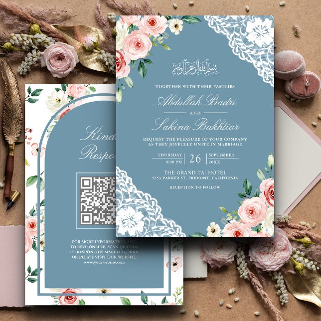 Invitation Mariage Musulman Code QR Broderie Bleue Douce Fleu (Créateur téléchargé)