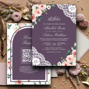 Invitation Mariage Musulman Code QR Broderie Florale Rose Vio