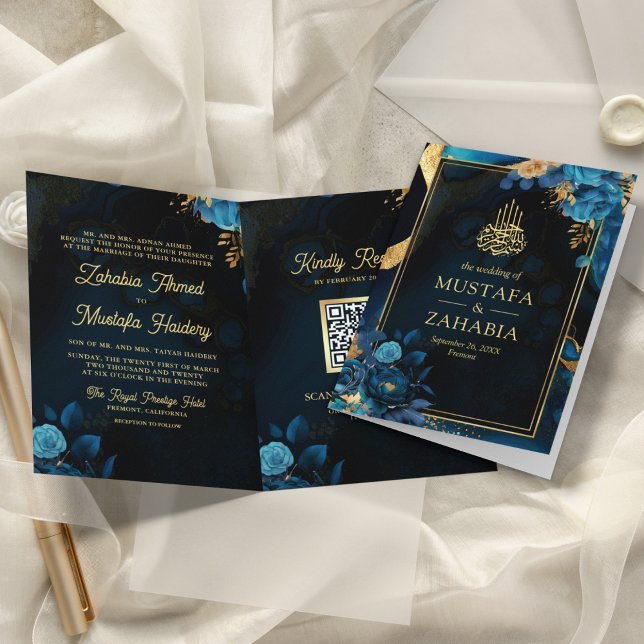 Invitation Mariage Musulman Code QR Fleurs Or Bleu Royal (Créateur téléchargé)