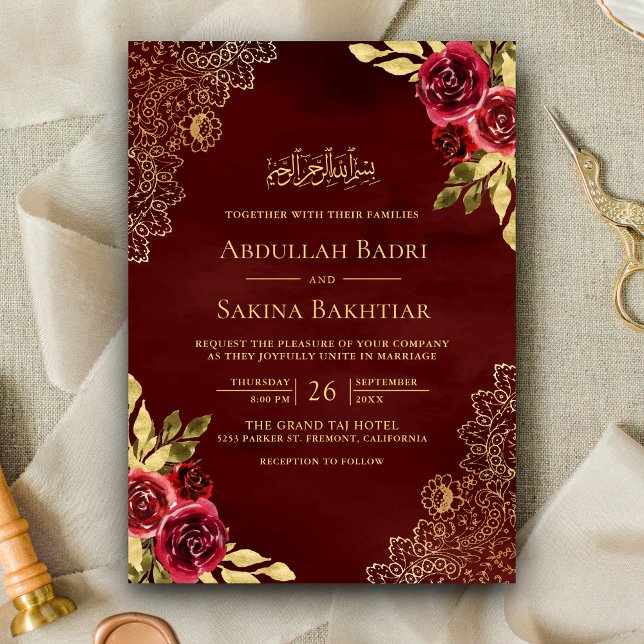 Invitation Mariage Musulman Code QR Floral Marron Rouge Brode (Créateur téléchargé)