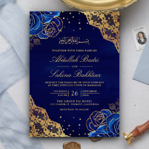 Invitation Mariage Musulman Code QR Roses Bleu Royal Broderie
