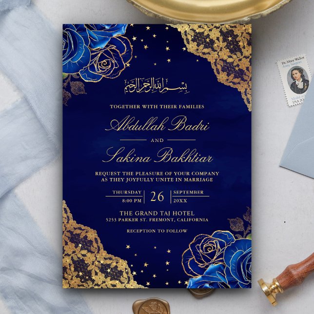 Invitation Mariage Musulman Code QR Roses Bleu Royal Broderie (Créateur téléchargé)