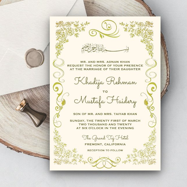 Invitation Mariage Musulman Crème Élégant et Vert Olive (Créateur téléchargé)