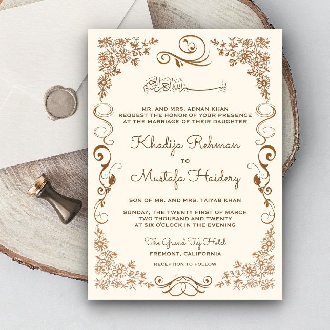 Invitation Mariage Musulman Crème et Marron Élégant (Créateur téléchargé)