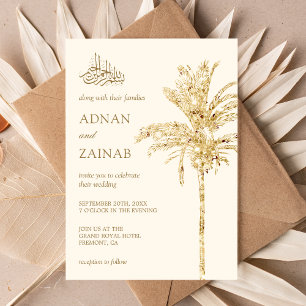 Invitation Mariage Musulman Crème et Or Paillettes Palmier Da