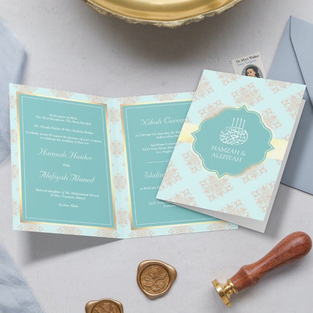 Invitation Mariage Musulman Damassé Bleu Aqua Pastel Rustique (Créateur téléchargé)