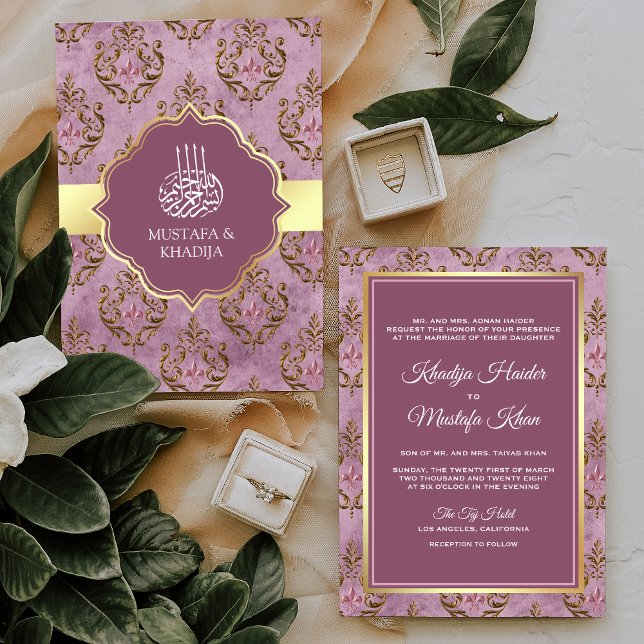 Invitation Mariage Musulman Damassé Lavande Or Rustique Vinta (Créateur téléchargé)