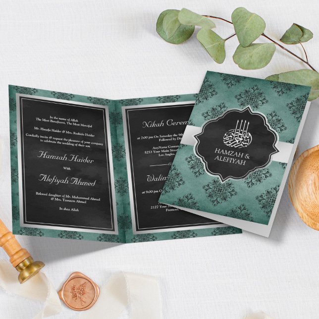 Invitation Mariage Musulman Damassé Noir Sarcelle Argent Rust (Créateur téléchargé)