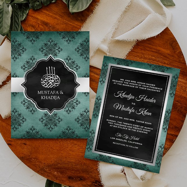 Invitation Mariage Musulman Damassé Noir Sarcelle Argent Rust (Créateur téléchargé)