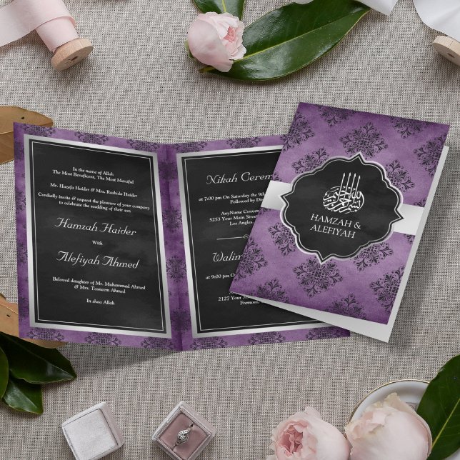 Invitation Mariage Musulman Damassé Noir Violet Argent Rustiq (Créateur téléchargé)