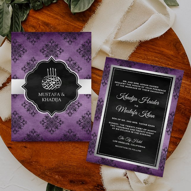 Invitation Mariage Musulman Damassé Noir Violet Argent Rustiq (Créateur téléchargé)