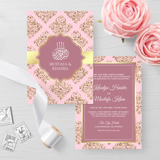 Invitation Mariage Musulman Damassé Or et Mauve Rustique (Créateur téléchargé)
