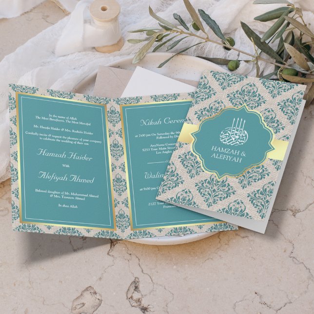 Invitation Mariage Musulman Damassé Sarcelle Burlap Rustique (Créateur téléchargé)