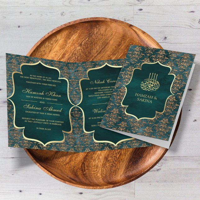 Invitation Mariage Musulman Damassé Sarcelle Or Rustique (Créateur téléchargé)