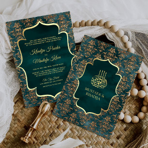 Invitation Mariage Musulman Damassé T sarcy Or et Sarcelle