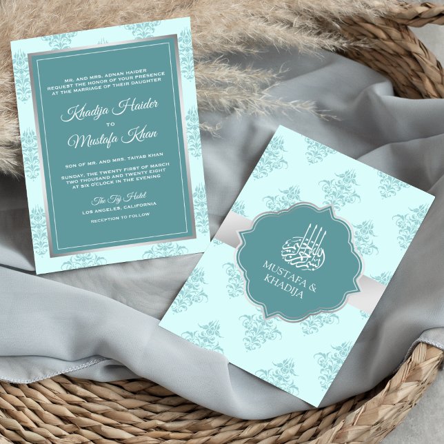 Invitation Mariage Musulman Damassé Téâl Argent Rustique Past (Créateur téléchargé)