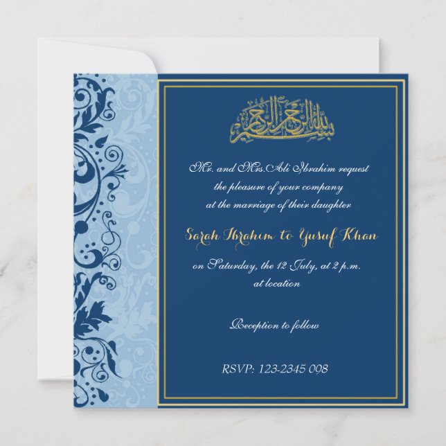 Invitation Mariage musulman de brocard de bleu et d'or (Devant)