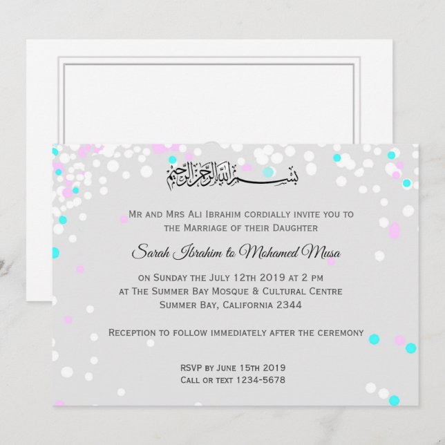 Invitation Mariage musulman de confettis blancs (Devant / Derrière)