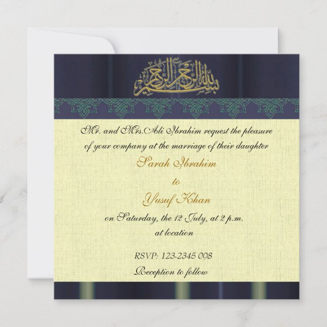 Invitation Mariage musulman de damassé bleue (Devant)