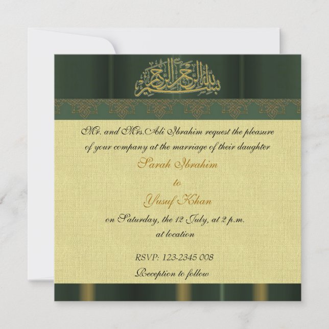 Invitation Mariage musulman de damassé verte (Devant)