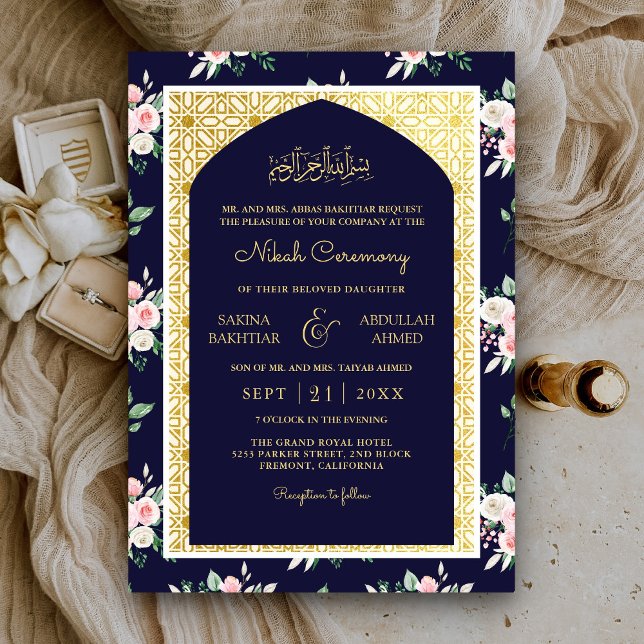 Invitation Mariage musulman de l'Arc d'or rose rose de minuit (Créateur téléchargé)