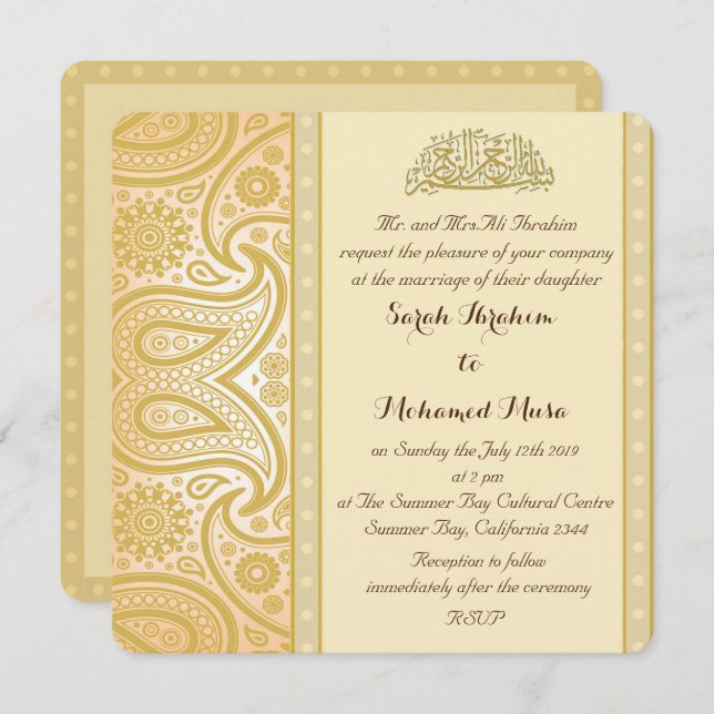 Invitation Mariage musulman de Paisley d'or (Devant / Derrière)