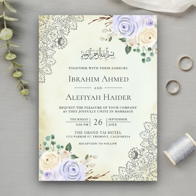 Invitation Mariage Musulman Dentelle Florale Violette Crème R (Créateur téléchargé)