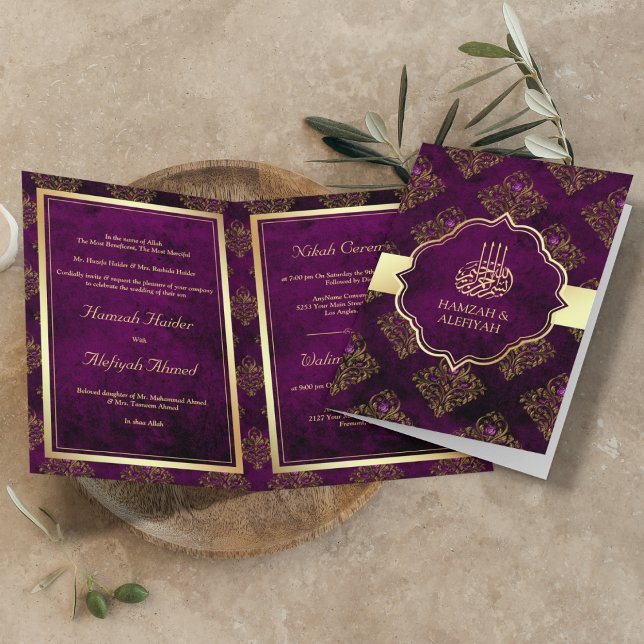 Invitation Mariage Musulman Doré Pourpre Rustique Vintage Dam (Créateur téléchargé)