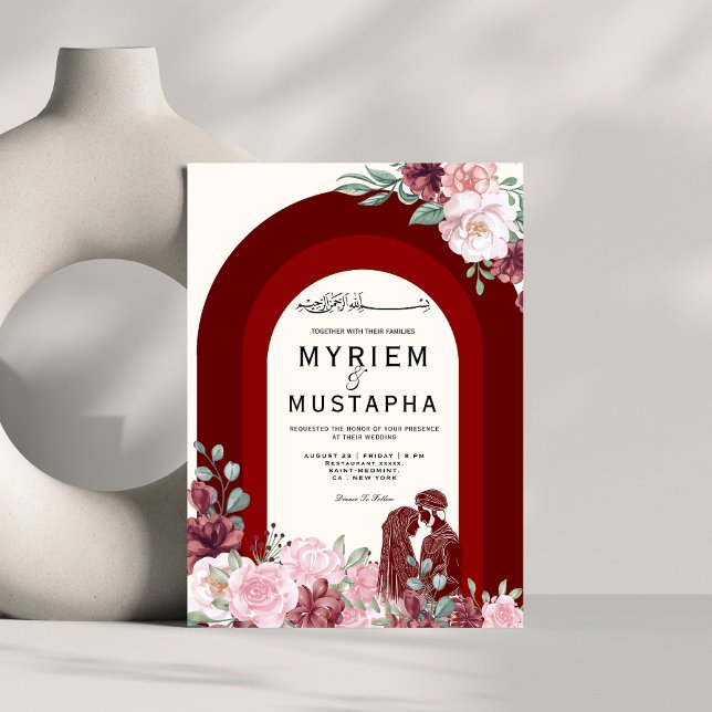 Invitation Mariage Musulman Élégant Rouge et Floral (Créateur téléchargé)