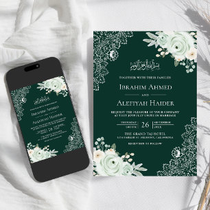 Invitation Mariage Musulman en Dentelle Florale au Vert Émera
